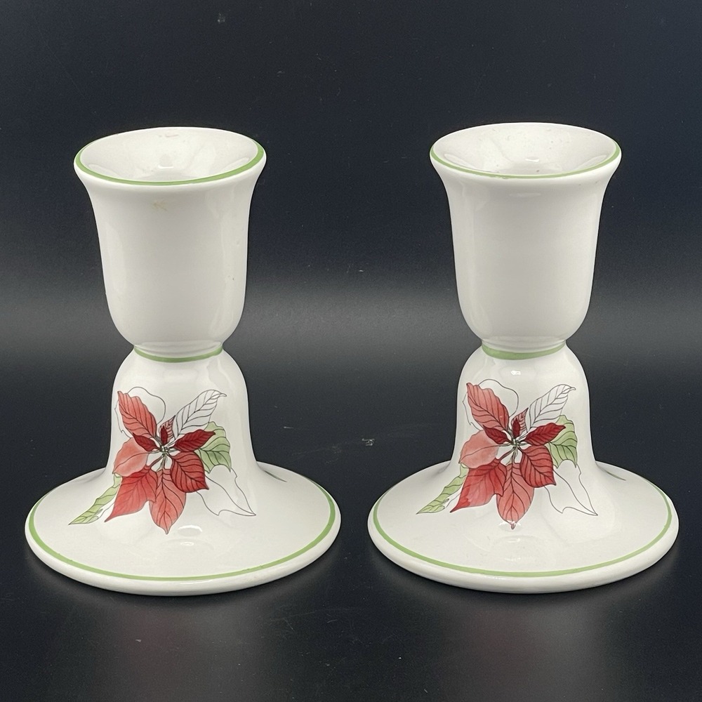 Pair Block Poinsettia Candleholders Candlesticks Made in Bernarda Portugal 1982
